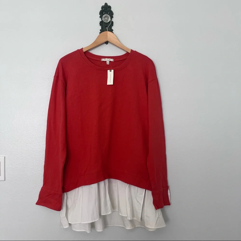 Anthropologie Eri + Ali Orange & White Layered Poplin Sweatshirt NWT - Picture 2 of 6